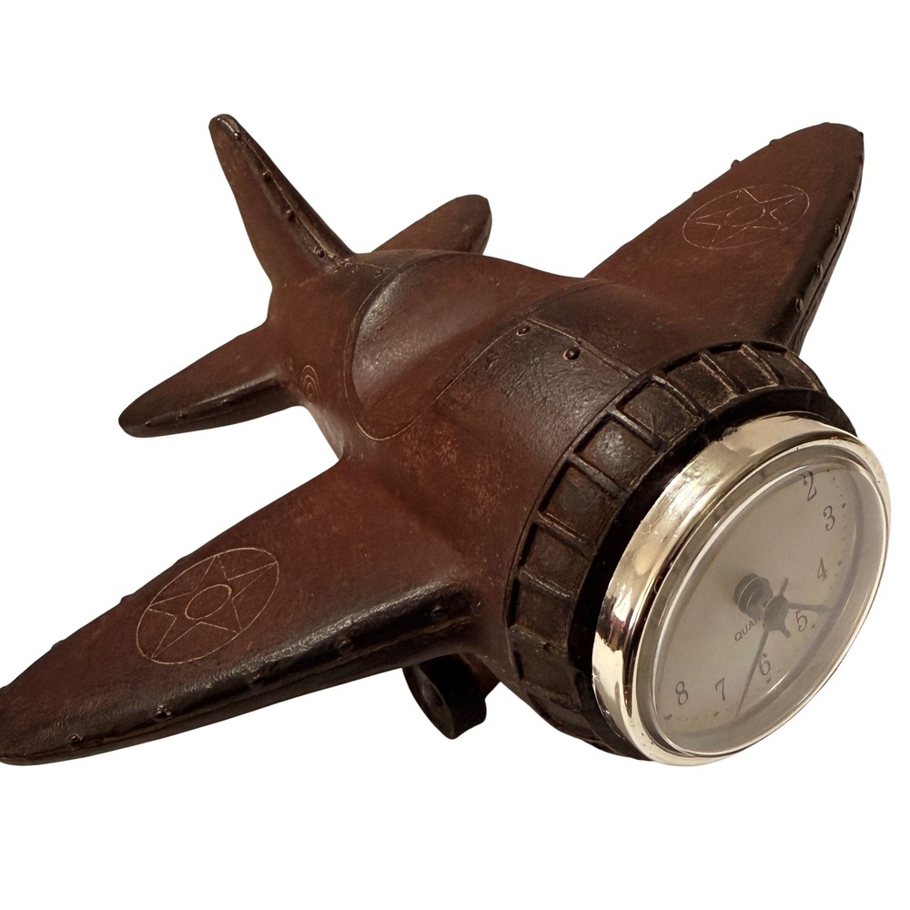 Vintage Style Airplane Desk Clock Brown Cast Resin Military Aviation Decor 8.5in